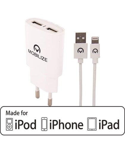 Mobilize Travel Charger Dual USB 2.4A + 1m Apple Lightning Cable White