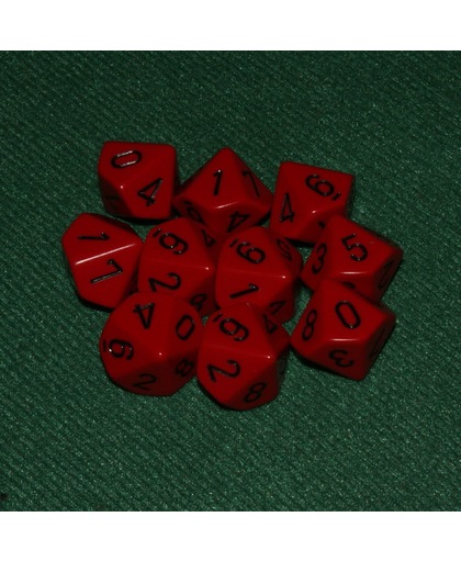 10 Vlakken Tienzijdige Dobbelstenen Rood met Zwart 16mm Set van 6 Stuks