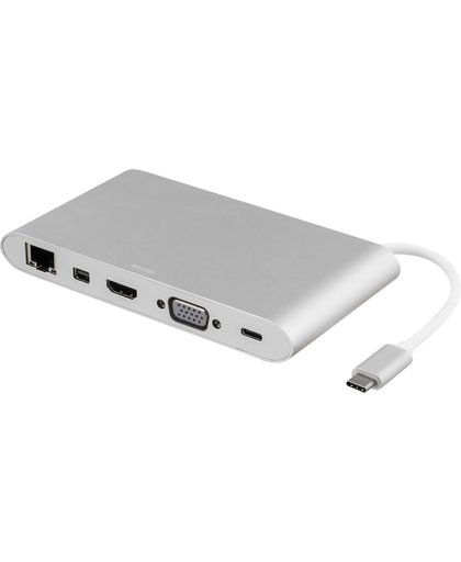 DELTACO USBC-1274 USB-C docking station, USB-C, HDMI, 3xUSB-A, 1xRJ45, SD-Kaart, Ultra HD in 30Hz, 0.1m kabel, zilver