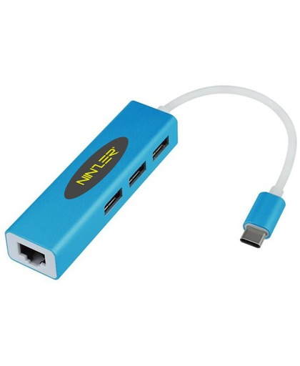 USB 3.1 Type-C naar USB HUB 3.0 + Gigabit Ethernet LAN RJ45 internet aansluiting | Blauw
