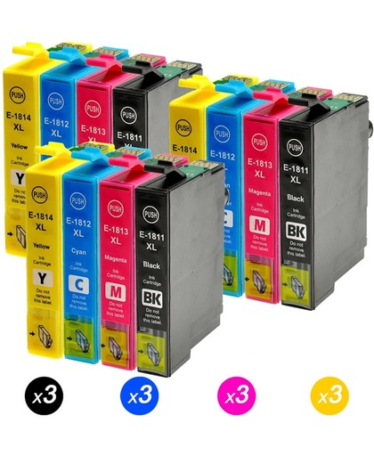 12 Compatible voor Epson 18XL Inktcartridges (T1811 T1812 T1813 T1814) Compatibel voor Epson XP-202 XP-305 XP-415 XP-412 XP-215 XP-312 XP-212 XP-102 (3 zwart, 3 cyaan, 3 magenta, 3 geel)