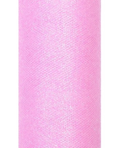 Glitter tule stof roze 15 cm breed