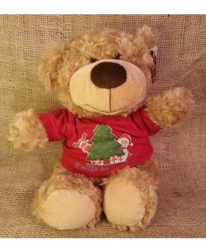 Bruine pluche beer met rood shirtje met de tekst "Vrolijk kerstfeest"