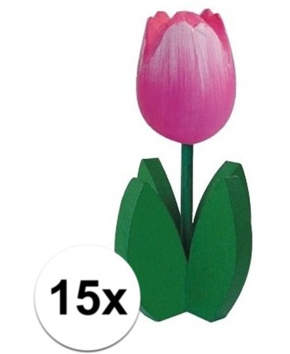 15x Decoratie houten roze tulpen