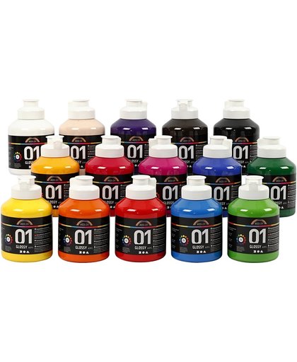 A-color acrylverf, kleuren assorti, 01 - glossy, 15x500 ml