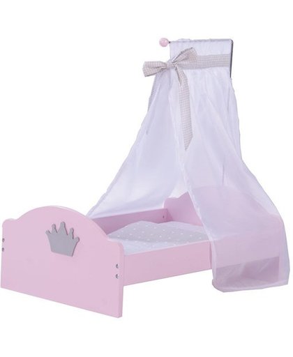 Roba Poppen Bed Princess Sophie, roze met bed met zilveren kroontje en witte hemel