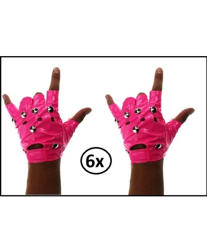 6x Paar Punk handschoen fluor pink