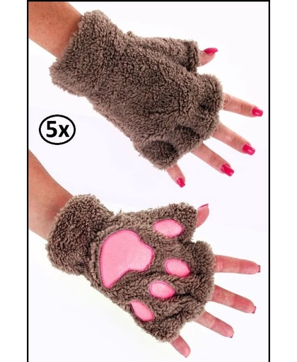 5x Vingerloze handschoenen pluche dierenpootje licht bruin