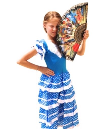 Spaanse jurk - Flamenco - Blauw/Wit - Maat 140/146 (12) - Verkleed jurk