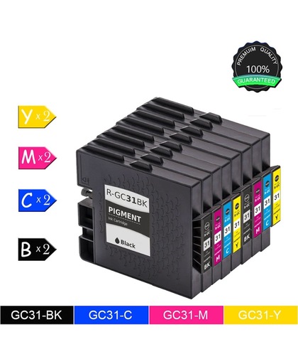 8 Pack Compatible Ricoh GC31 BK*2/C*2/M*2/Y*2 Inktcartridges voor Ricoh Aficio GXe2600, GXe3300N, GXe3350N, GXe5550N, 8Pak. 2 zwart, 2 cyaan, 2 magenta, 2 geel