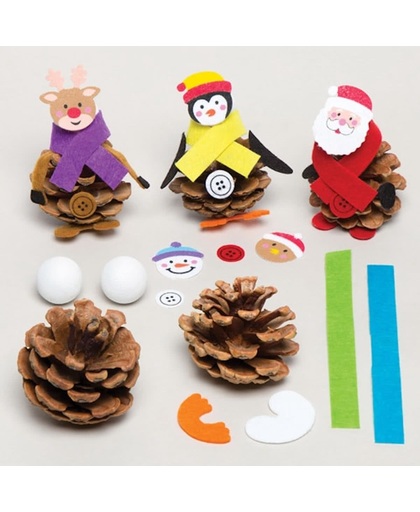 Sets voor kinderen om zelf natuurlijke kerstpoppetjes van dennenappels te maken. Creatieve knutselset die kinderen naar eigen smaak kunnen versieren (5 stuks)