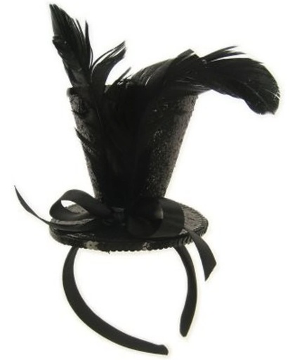 Mini hoge hoed op hoofdband metallic zwart+veren