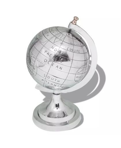 Wereldbol met voet aluminium zilverkleurig 35 cm