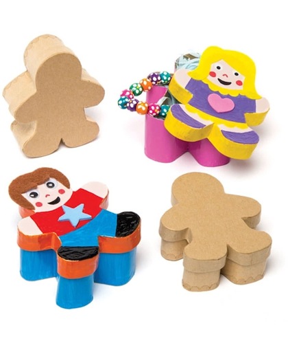 Knutseldoosjes in de vorm van een figuurtje, die kinderen kunnen verven, versieren en verfraaien. Creatieve set die als cadeau kan worden gegeven (4 stuks)