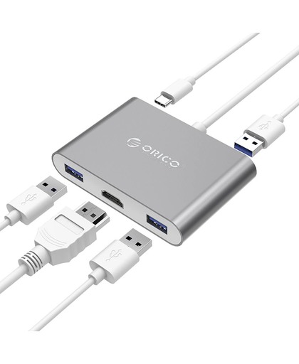 Orico - Aluminium USB Type C hub met 4K HDMI, 1x Type C poort en 3x USB 3.1 5Gbps geschikt voor PC / Laptop / MacBook - Sky Grey