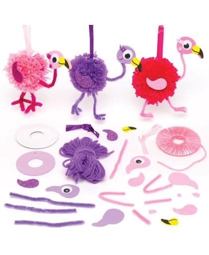 Sets met flamingo met pompon die kinderen kunnen maken, versieren en ophangen – creatieve knutselset voor kinderen (verpakking van 3)