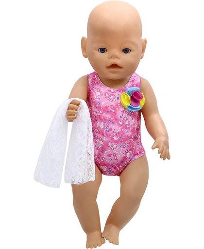 Badpak voor babypop zoals baby born - Zwemkleding met hartjes + doekje van kant