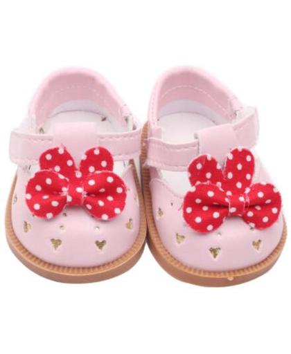 Schoentjes voor Baby Born - Roze schoenen met rood strikje met polkadots - Poppenschoentjes 7 cm
