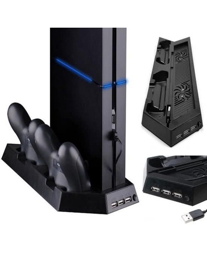 RRJ PS4 Verticale Standaard - Houder met Cooling Ventilators, 2 Oplaaddocks & Extra USB Aansluitingen - Zwart Laadstation