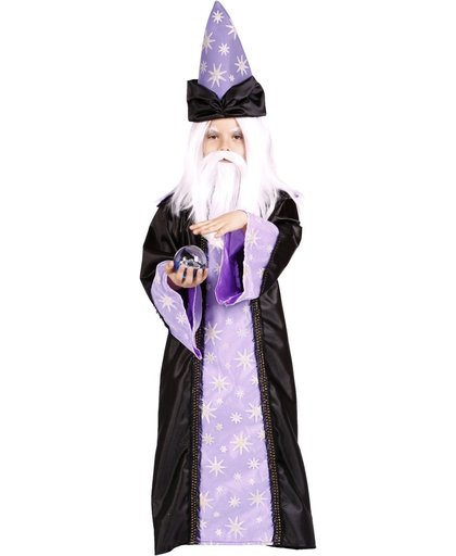 Tovenaar kostuum voor kinderen - maat 134-140 -  paars en zwart gewaad met sterren en Tovenaarshoed