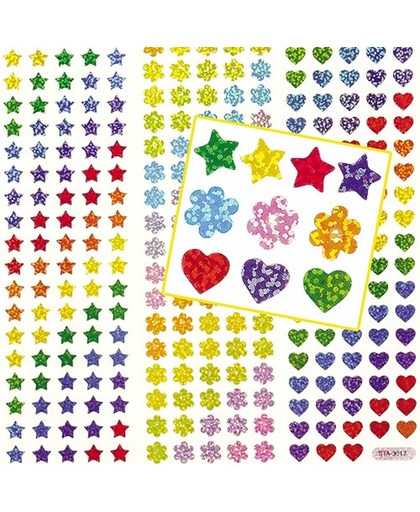 Holografische ministickers ster bloem hartvormen - knutselspullen voor kinderen - scrapbooking verfraaiing om te maken en versieren kaarten decoraties en knutselwerkjes (348 stuks)