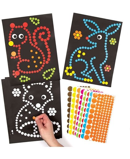 Stippenkunst met bosdieren. Creatieve set waarmee kinderen een herfstknutselwerkje kunnen maken, versieren en neerzetten (8 stuks)