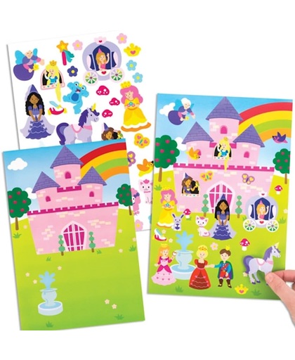 Een vel met een kasteel en stickers van prinsessen voor kinderen om te ontwerpen, maken en op te hangen – creatieve stickerknutselset voor kinderen (verpakking van 4)