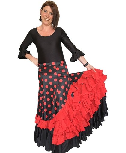 Spaanse Flamenco Rok - zwart met rode stippen en rode volantes - maat L