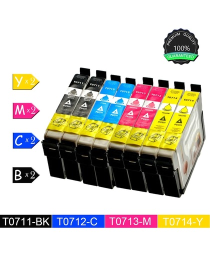 8 Compatibele inktcartridges voor Epson T0711 T0712 T0713 T0714 - Epson DX5050, DX6000, DX6050, DX7000F, DX7400, DX7450, DX8400 - 2 Zwart, 2 Cyan, 2 Magenta, 2 Geel