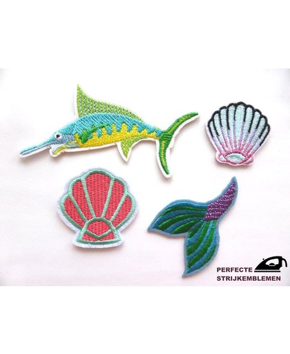 Strijk embleem ‘Tropische vissen/schelpen patch set (4)’ – stof & strijk applicatie
