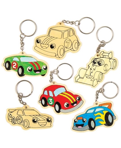 Houten sleutelhangers met racewagens die kinderen kunnen ontwerpen, inkleuren en als creatief cadeautje voor Vaderdag kunnen geven (6 stuks per verpakking)