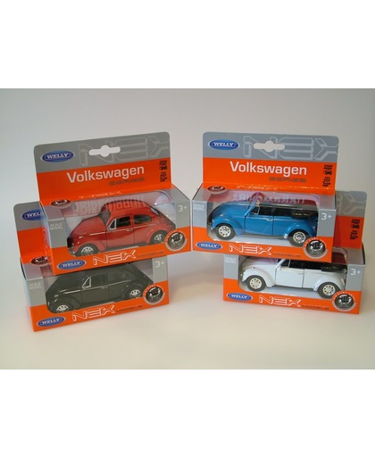 4 x VW Volkswagen Kever Beetle 2 x cabrio + 2 x hardtop in doos - Welly 1:34