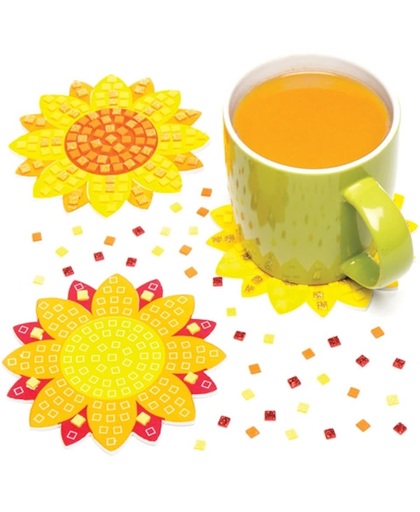 Mozaïeken onderzettersets in de vorm van zonnebloemen die kinderen kunnen versieren en gebruiken – creatieve zomerknutselset voor kinderen (6 stuks per verpakking)