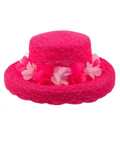 Zomer hoed organza bloemen krans - Neon roze