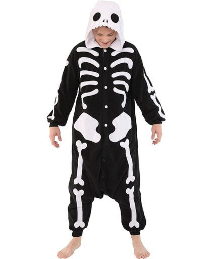 KIMU onesie skelet pak botten kostuum halloween - maat L-XL - skeletpak jumpsuit pyama
