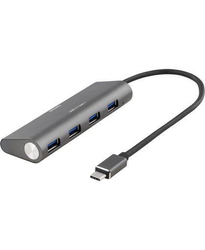 DELTACO USBC-1207 4-poorts USB-hub, 18W 3.6A, USB 3.1 Gen1, 1x USB-C, 4x USB-A, GL3520 chipset, aluminium, zwart