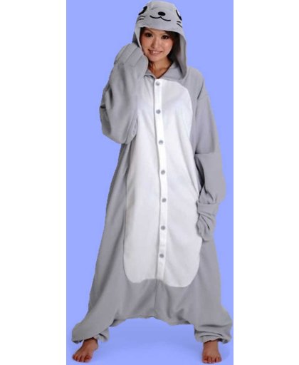 KIMU onesie zeehond pak grijs zeeleeuw kostuum - maat M-L - zeehondpak jumpsuit huispak