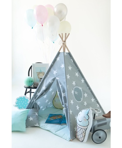 Tipi Tent - Speeltent - Tent -Wigwam - Grijze Tipi met Grote Witte Sterren - Inclusief Lichtblauwe Speelmat & Kussensloop