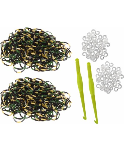 600 loom elastiekjes leger army kleur zwart-groen-beige met weefhaken en S-clips voor eindeloos speelplezier met deze loombandjes