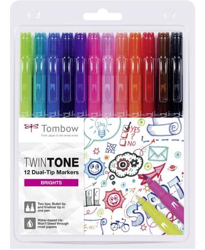 Tombow TwinTone Marker Set – Bright Colours - Set van 12 + verpakt in een  A5 Zipperbag en kleurboek A4