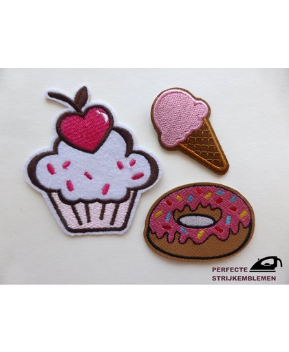 Strijk embleem ‘Zoete desserts patch set (3)’ – stof & strijk applicatie