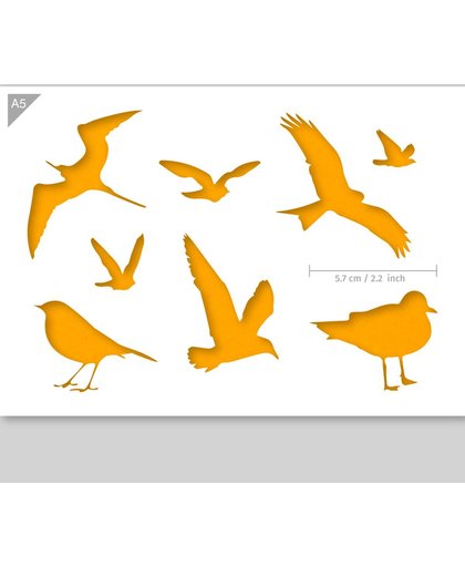 A5 Sjabloon Vogel Silhouetten – Karton Stencil - De meeuw rechtsonder is 5,7cm breed