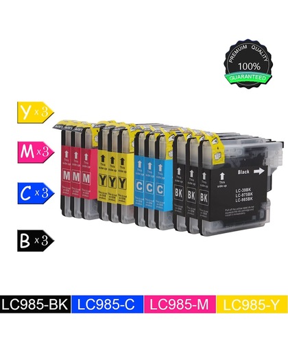 12 Pack Compatibel voor Brother LC-985 3 Zwart, 3 Cyan, 3 Magenta, 3 Geel voor Brother DCP-J140W, DCP-J315W, DCP-J515W, MFC-J220