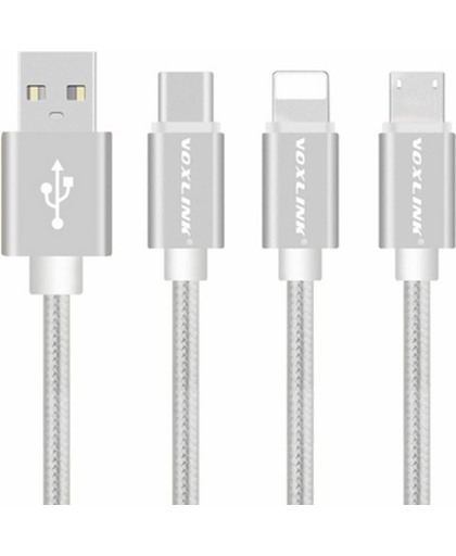 Splitter kabel USB naar Lightning en Micro USB en USB-C / Lengte 120cm / Zilver