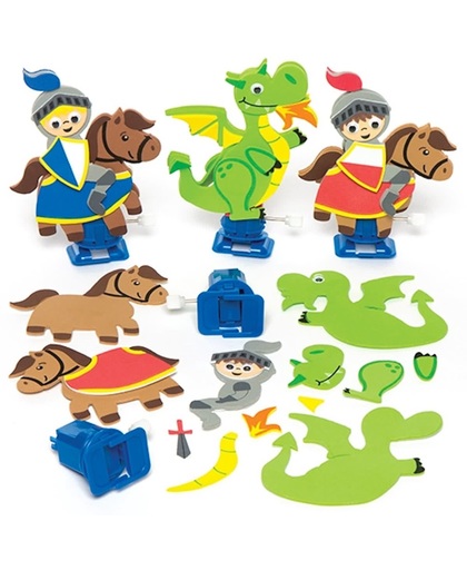 Sets met opwindbare ridders en draken die kinderen kunnen maken en naar eigen smaak versieren – creatieve knutselspeelset voor kinderen (verpakking van 3)