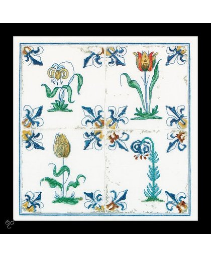 Thea Gouverneur Borduurpakket 485A Delft blauwe tegels bloemen - Aida stof 100% katoen