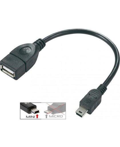 Mini-B male naar USB-A 2.0 female OTG host kabel om een usb stick, flashdrive, harddisk, toetsenbord, muis etc op uw camera, stereo, MP3, MP4-player, smartphone of tablet aan te sluiten