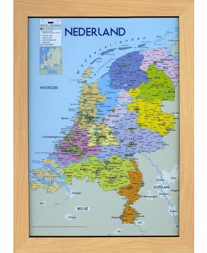 Nederland-kaart-ingelijst-beukenkleur-poster-Formaat 34x46cm.-inclusief lijst