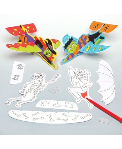 Zweefvliegtuigjes met Halloween-thema om in te kleuren. Creatief speelgoed dat kinderen naar eigen smaak kunnen versieren. Perfect als vulling voor een feesttasje (6 stuks)