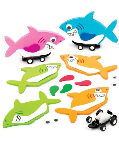 Sets met terugtrekracers met haai die kinderen kunnen maken en naar eigen smaak versieren – creatieve speelgoedknutselset voor kinderen (verpakking van 4)